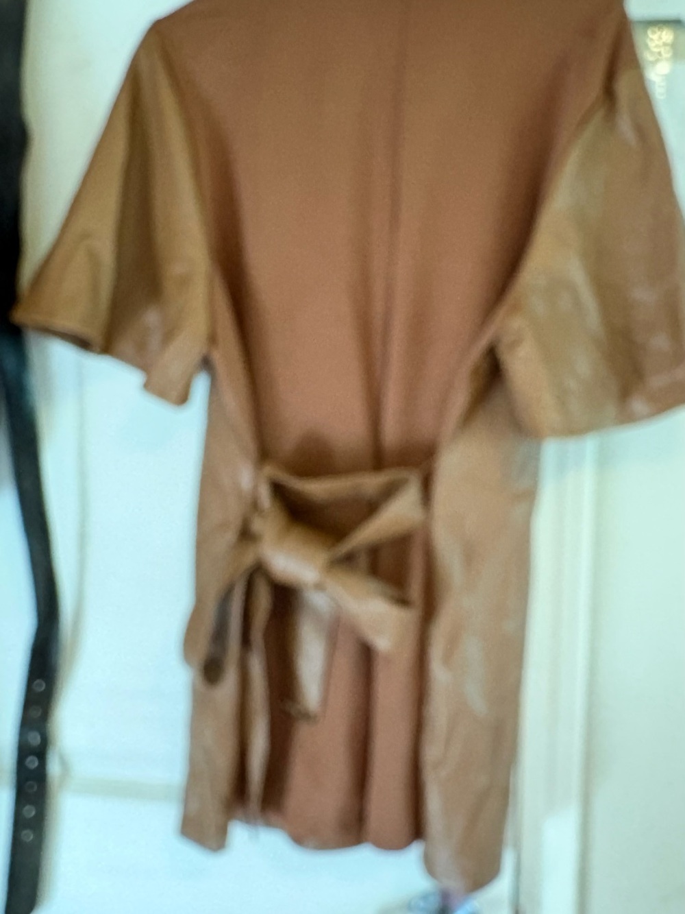 Brown Short-Sleeve Blouse with Tie-Back Detail